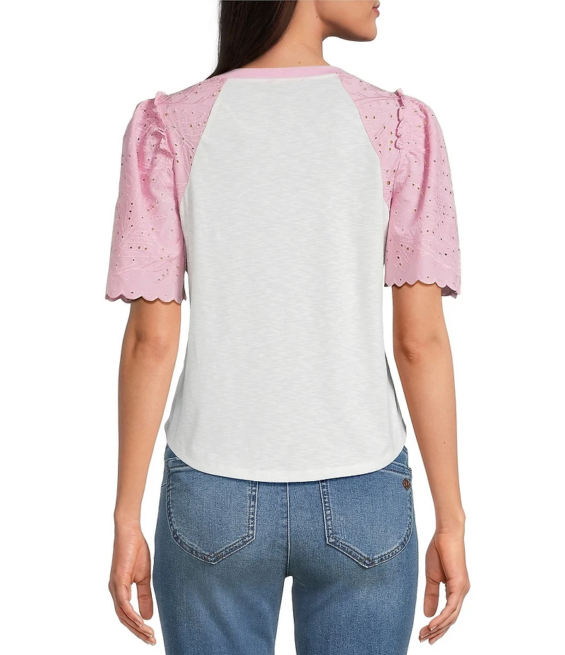 Democracy Petite Size Mix-Media Scoop Neck Embroidered Elbow Puff Sleeve Top