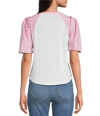 Democracy Petite Size Mix-Media Scoop Neck Embroidered Elbow Puff Sleeve Top
