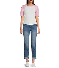 Democracy Petite Size Mix-Media Scoop Neck Embroidered Elbow Puff Sleeve Top