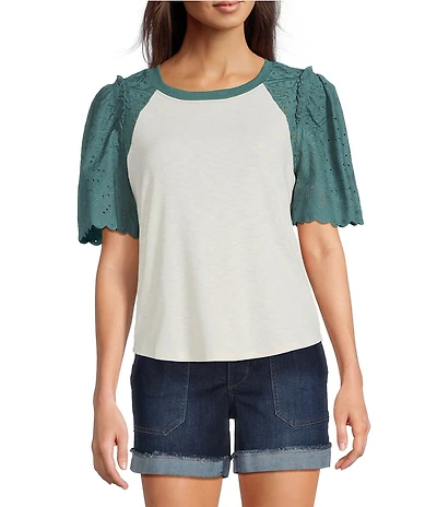 Democracy Petite Size Mix-Media Scoop Neck Embroidered Elbow Puff Sleeve Top