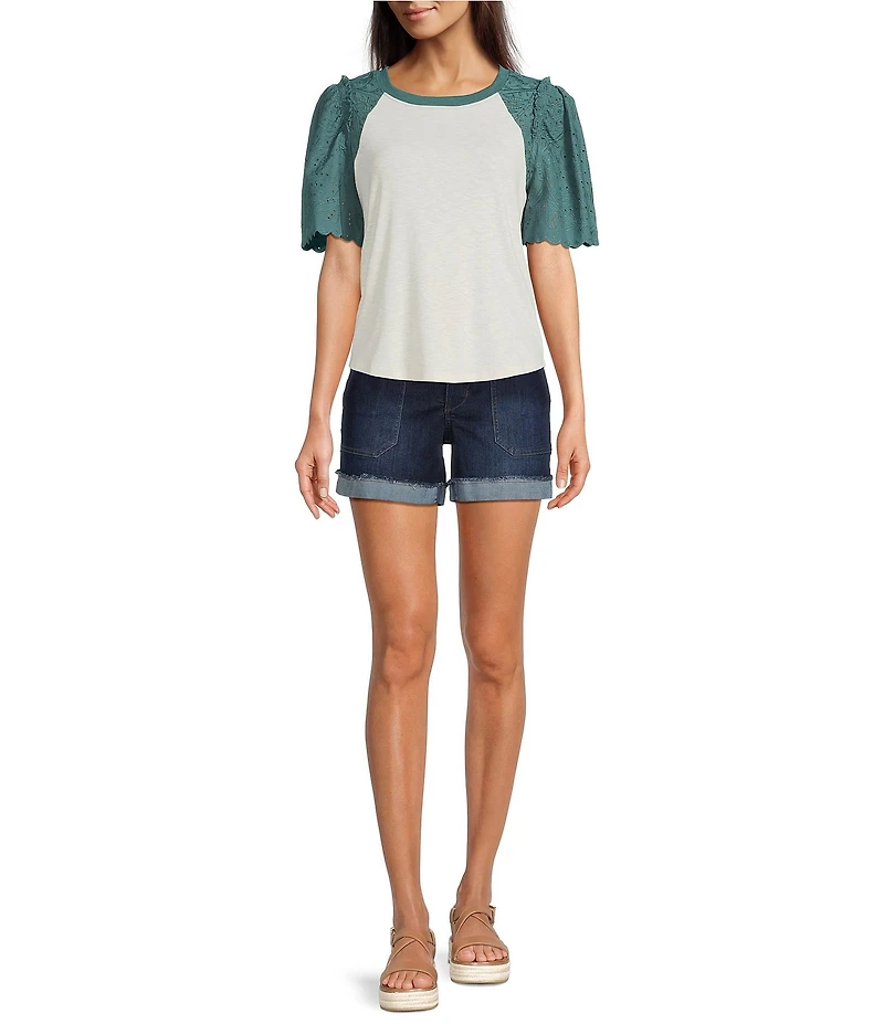 Democracy Petite Size Mix-Media Scoop Neck Embroidered Elbow Puff Sleeve Top