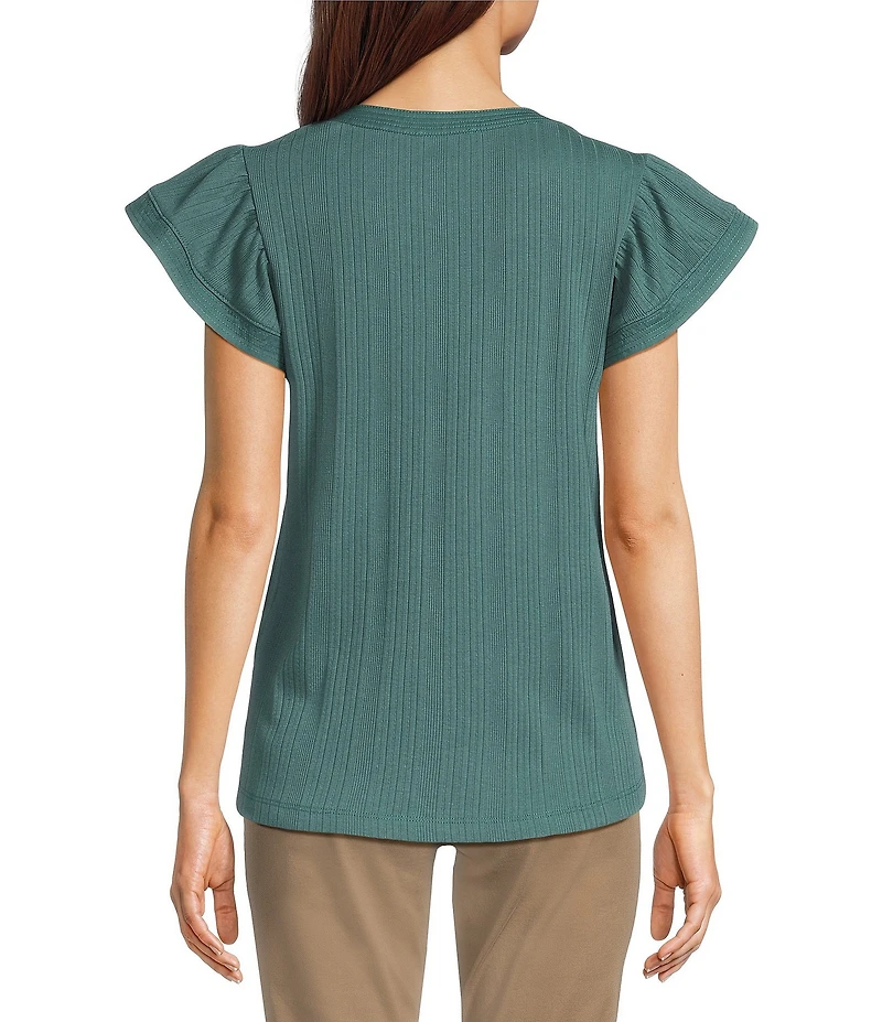 Democracy Petite Size Mix-Media Split V-Neck Cap Sleeve Shirttail Hem Knit Top