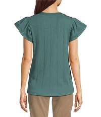Democracy Petite Size Mix-Media Split V-Neck Cap Sleeve Shirttail Hem Knit Top