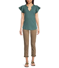 Democracy Petite Size Mix-Media Split V-Neck Cap Sleeve Shirttail Hem Knit Top
