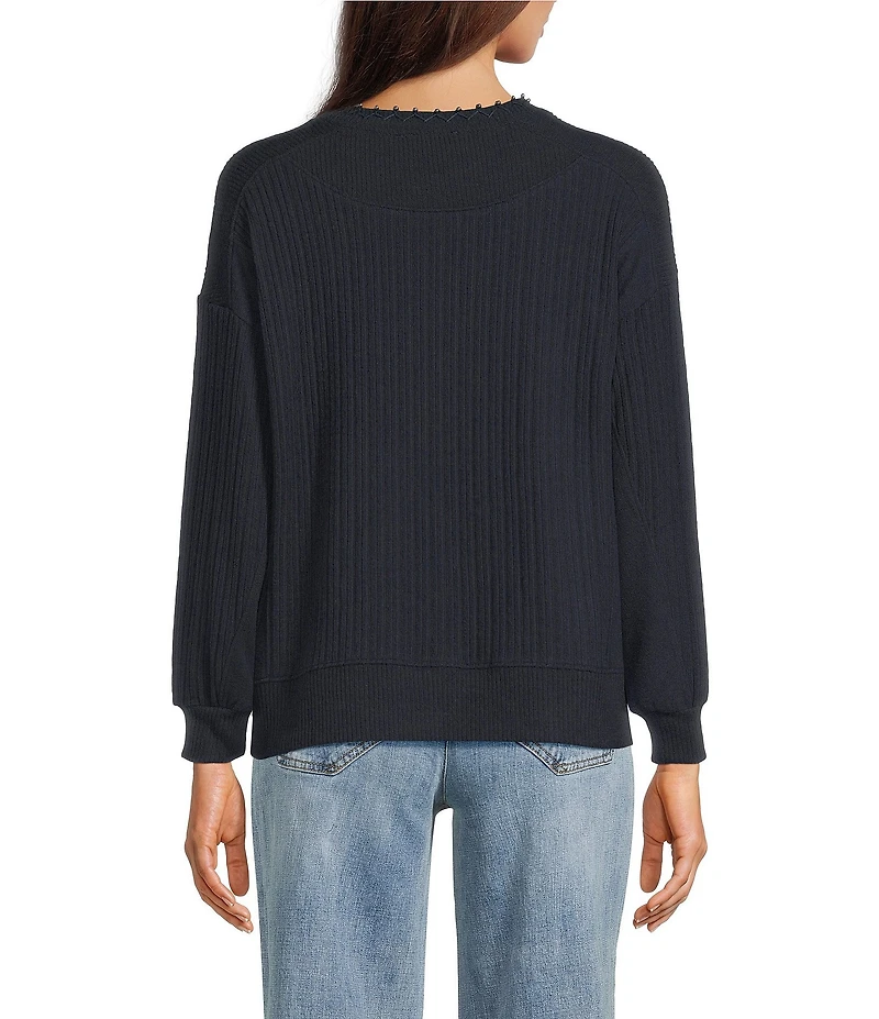 Democracy Petite Size Mixed Media Knit Embroidered Scoop Neck Long Sleeve Top