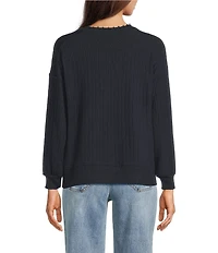 Democracy Petite Size Mixed Media Knit Embroidered Scoop Neck Long Sleeve Top