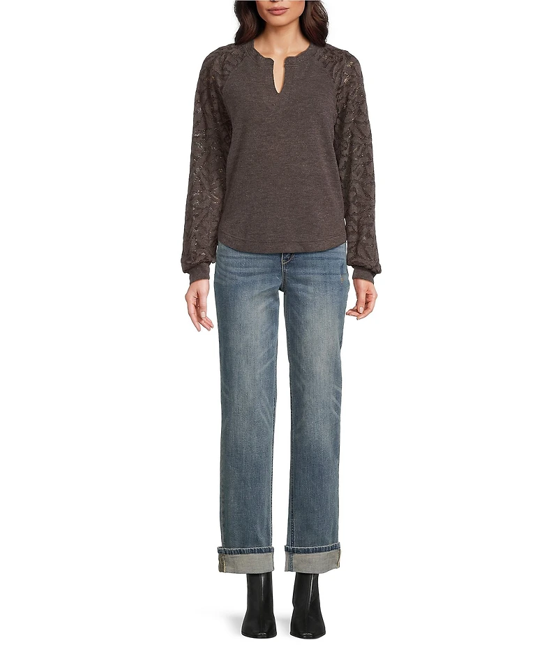 Democracy Petite Size Mixed-Media Knit Split Round Neck Long Blouson Sleeve Top