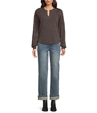 Democracy Petite Size Mixed-Media Knit Split Round Neck Long Blouson Sleeve Top