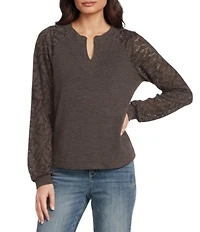 Democracy Petite Size Mixed-Media Knit Split Round Neck Long Blouson Sleeve Top