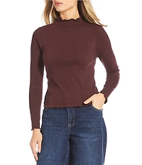 Democracy Petite Size Mixed-Media Mock Neck Long Sleeve Lettuce Edge Detail Popover Top