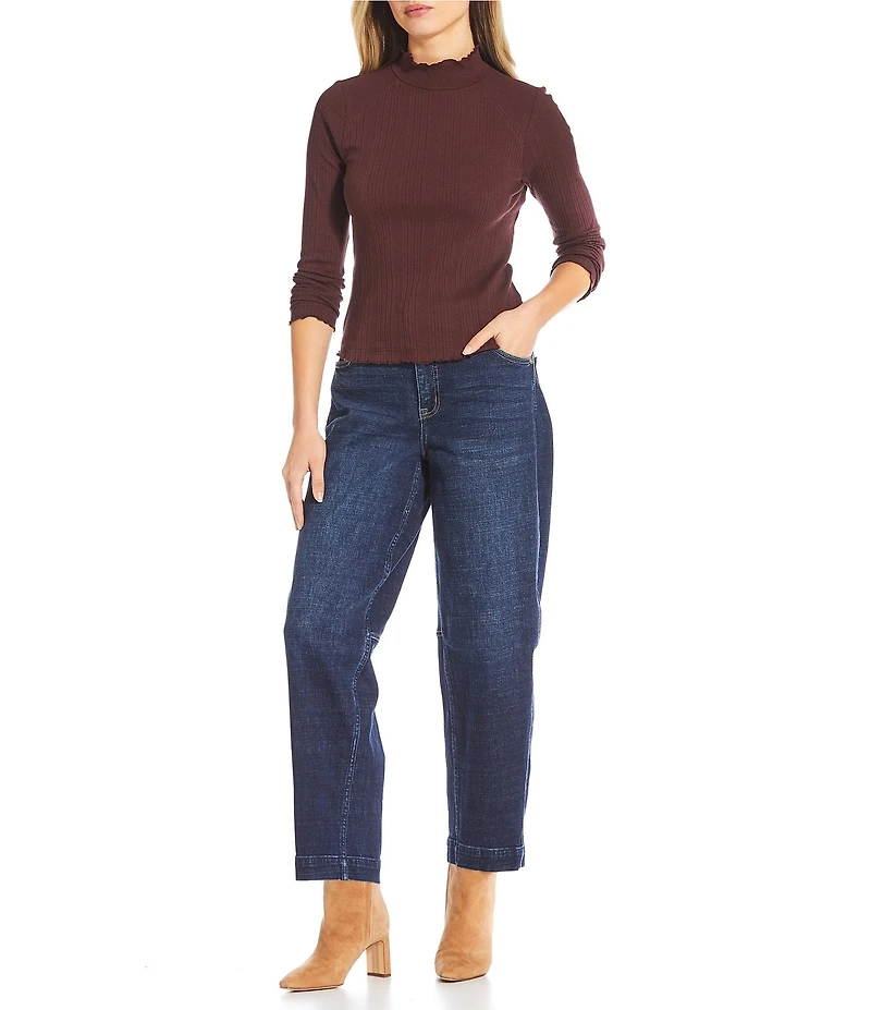 Democracy Petite Size Mixed-Media Mock Neck Long Sleeve Lettuce Edge Detail Popover Top