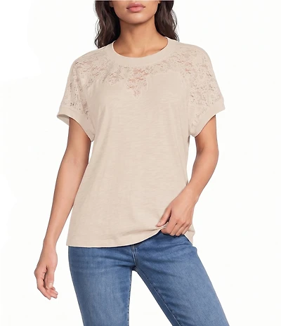 Democracy Petite Size Mixed Media Scoop Neck Short Sleeve Lace Top