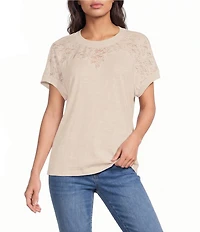 Democracy Petite Size Mixed Media Scoop Neck Short Sleeve Lace Top