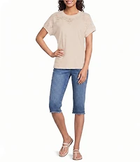 Democracy Petite Size Mixed Media Scoop Neck Short Sleeve Lace Top
