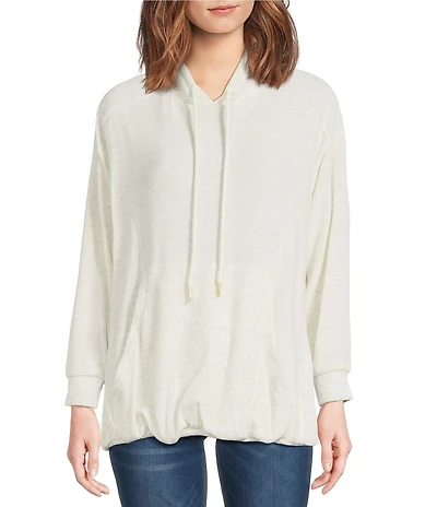 Democracy Petite Size Mixed-Media Tie Collar Long Sleeve Kangaroo Pocket Bubble Hem Knit Top