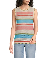 Democracy Petite Size Multi Stripe Scallop Edge Sleeveless Crochet Top