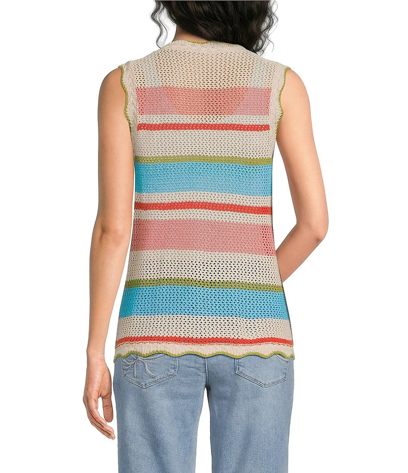 Democracy Petite Size Multi Stripe Scallop Edge Sleeveless Crochet Top