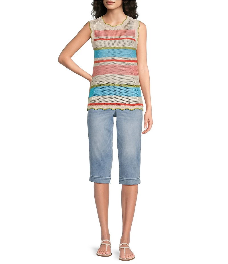 Democracy Petite Size Multi Stripe Scallop Edge Sleeveless Crochet Top