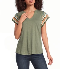 Democracy Petite Size Notch Collar Crochet Cap Sleeve Shirttail Hem Knit Top