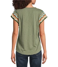 Democracy Petite Size Notch Collar Crochet Cap Sleeve Shirttail Hem Knit Top