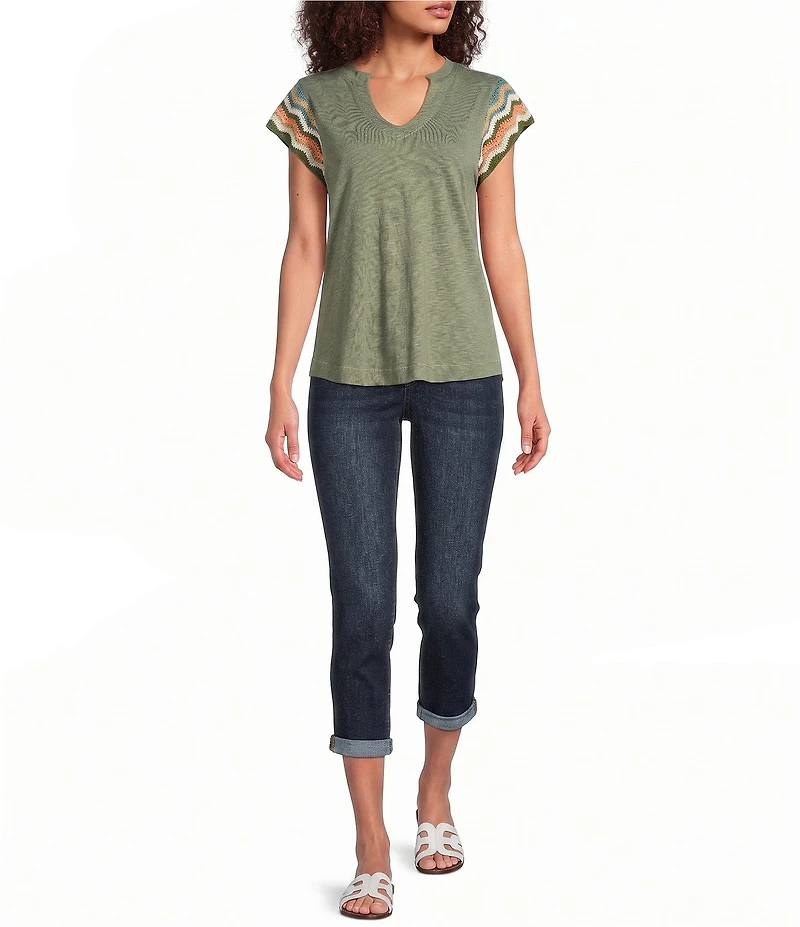 Democracy Petite Size Notch Collar Crochet Cap Sleeve Shirttail Hem Knit Top