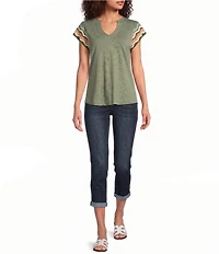 Democracy Petite Size Notch Collar Crochet Cap Sleeve Shirttail Hem Knit Top