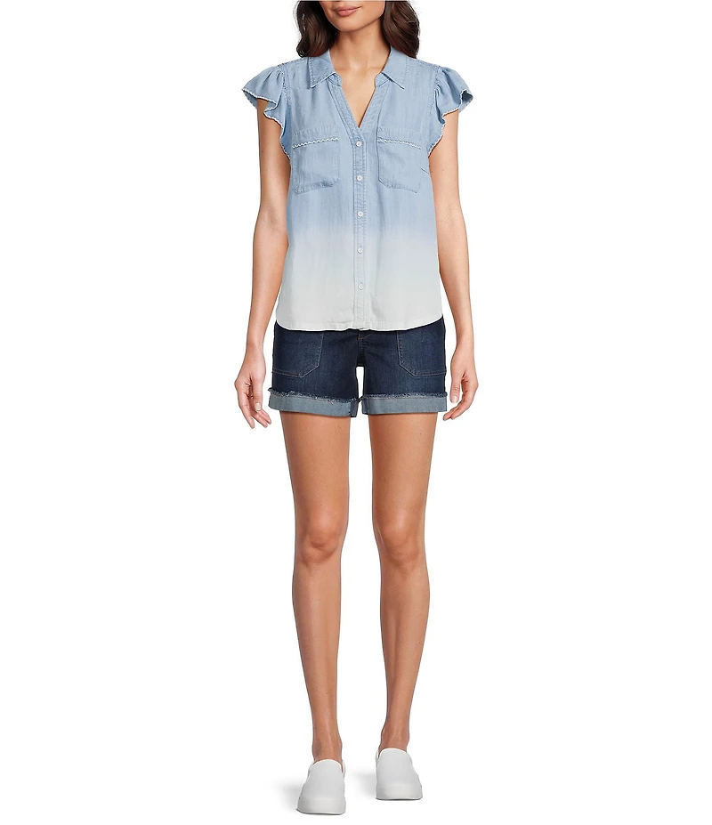 Democracy Petite Size Ombre Collared V-Neck Flutter Cap Sleeve Button Front Shirt