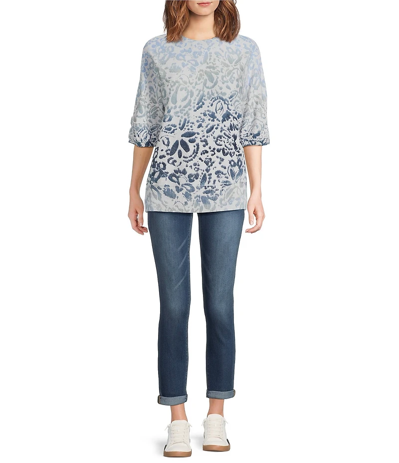 Democracy Petite Size Paisley Round Neck 3/4 Sleeve Sweater Top