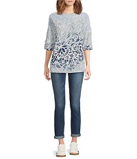 Democracy Petite Size Paisley Round Neck 3/4 Sleeve Sweater Top