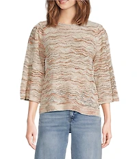 Democracy Petite Size Pointelle Space Dye Crew Neck 3/4 Bell Sleeve Sweater