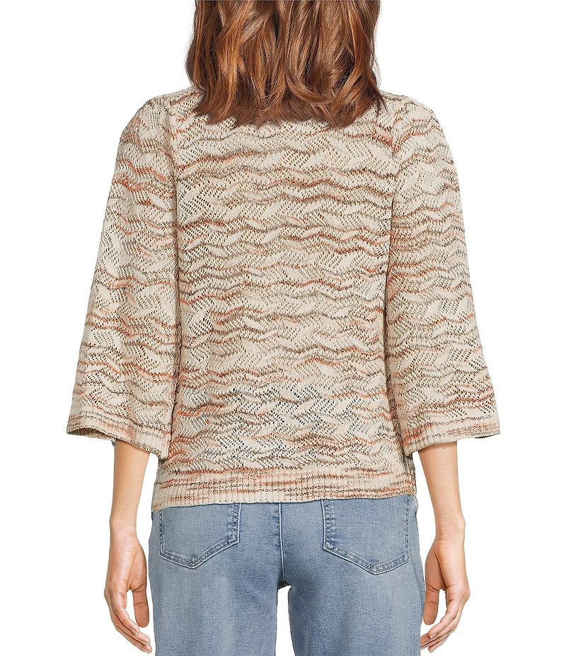 Democracy Petite Size Pointelle Space Dye Crew Neck 3/4 Bell Sleeve Sweater