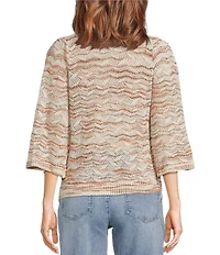 Democracy Petite Size Pointelle Space Dye Crew Neck 3/4 Bell Sleeve Sweater
