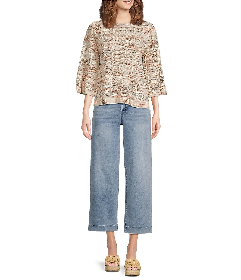 Democracy Petite Size Pointelle Space Dye Crew Neck 3/4 Bell Sleeve Sweater