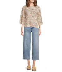 Democracy Petite Size Pointelle Space Dye Crew Neck 3/4 Bell Sleeve Sweater