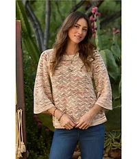 Democracy Petite Size Pointelle Space Dye Crew Neck 3/4 Bell Sleeve Sweater