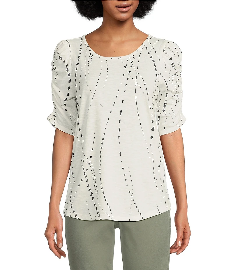 Democracy Petite Size Printed Crew Neck Ruched Puff Elbow Sleeve Knit Top