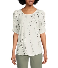 Democracy Petite Size Printed Crew Neck Ruched Puff Elbow Sleeve Knit Top