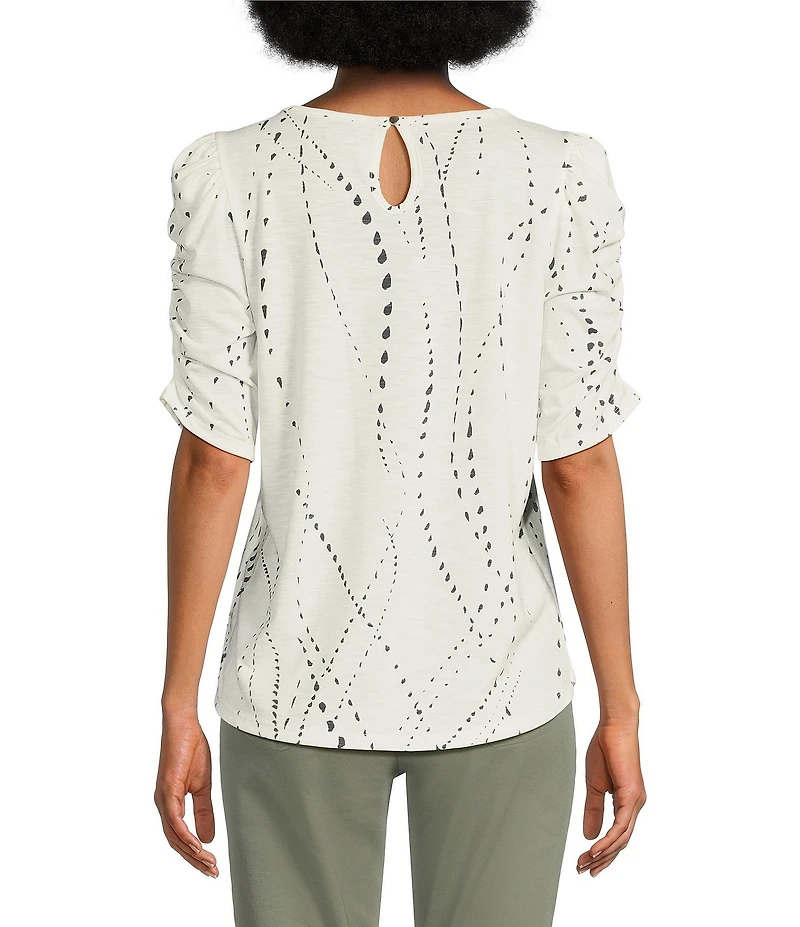 Democracy Petite Size Printed Crew Neck Ruched Puff Elbow Sleeve Knit Top