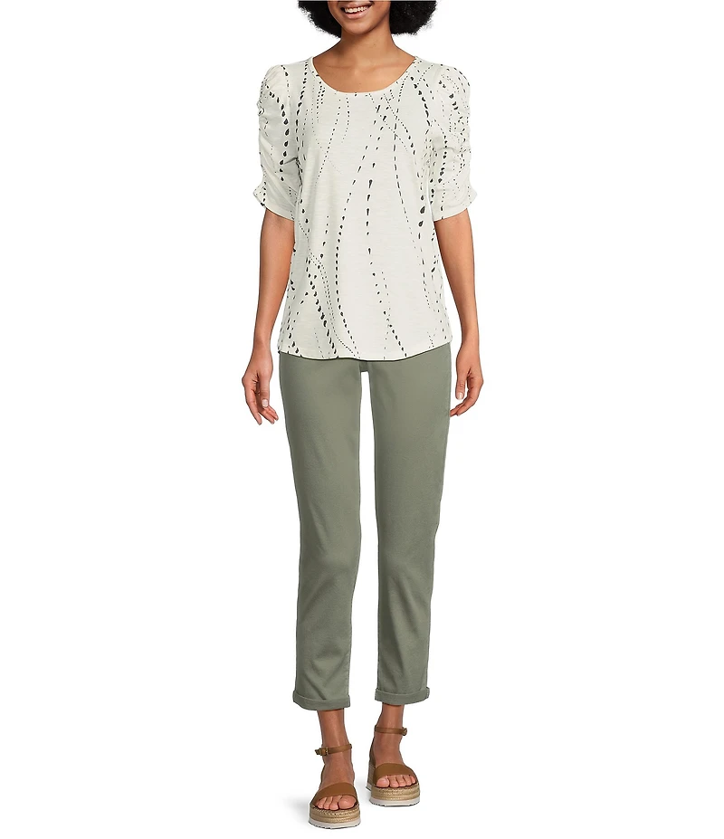Democracy Petite Size Printed Crew Neck Ruched Puff Elbow Sleeve Knit Top