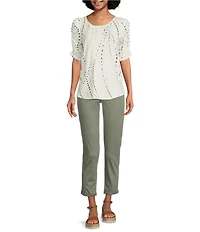 Democracy Petite Size Printed Crew Neck Ruched Puff Elbow Sleeve Knit Top