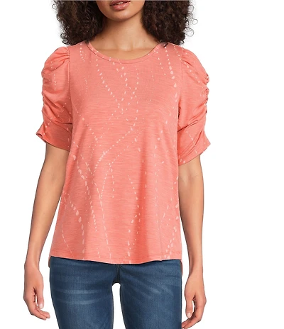 Democracy Petite Size Printed Crew Neck Ruched Puff Elbow Sleeve Knit Top