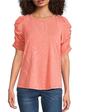 Democracy Petite Size Printed Crew Neck Ruched Puff Elbow Sleeve Knit Top