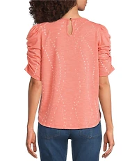 Democracy Petite Size Printed Crew Neck Ruched Puff Elbow Sleeve Knit Top