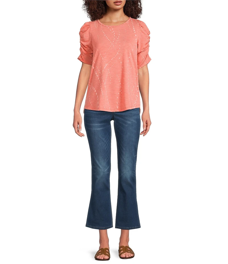 Democracy Petite Size Printed Crew Neck Ruched Puff Elbow Sleeve Knit Top