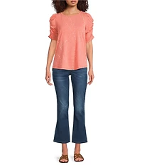 Democracy Petite Size Printed Crew Neck Ruched Puff Elbow Sleeve Knit Top