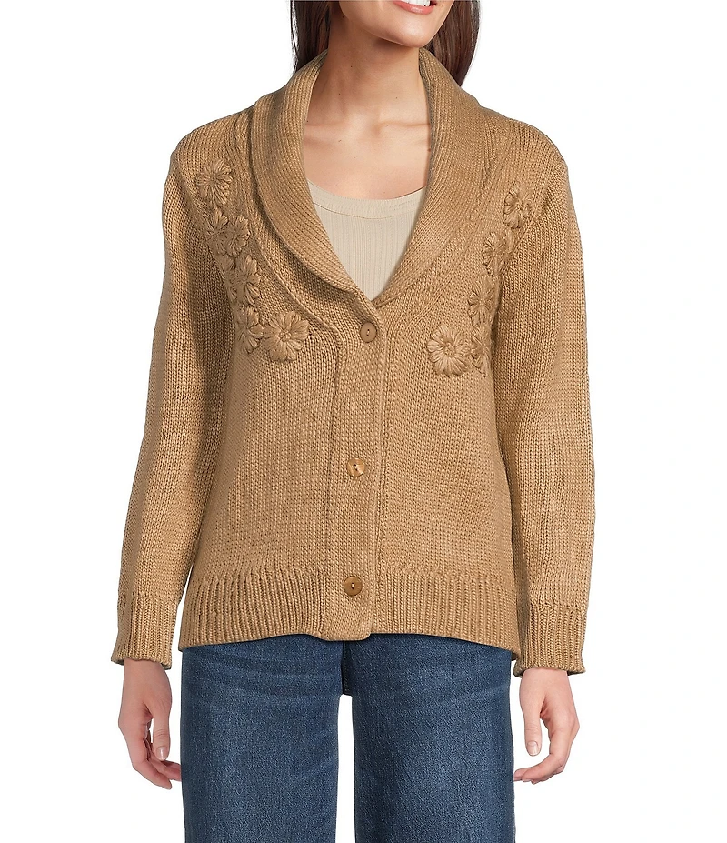 Democracy Petite Size Ribbed Shawl Collar Long Sleeve Button-Front Floral Embroidery Cardigan