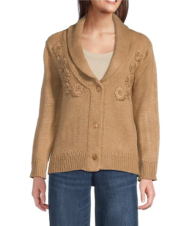 Democracy Petite Size Ribbed Shawl Collar Long Sleeve Button-Front Floral Embroidery Cardigan