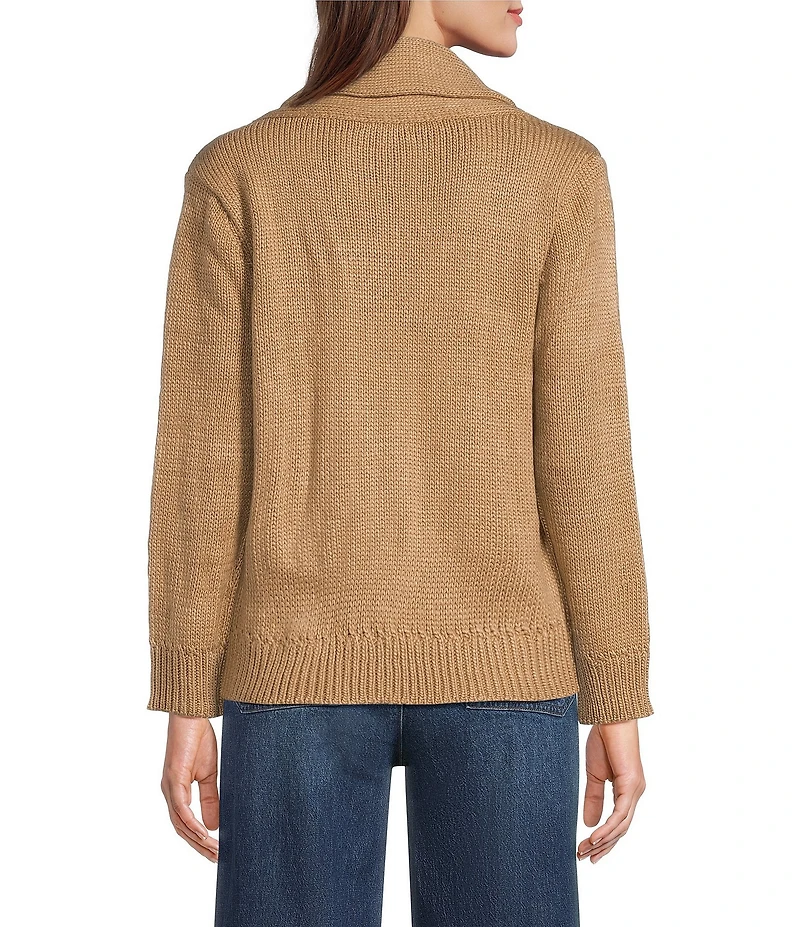 Democracy Petite Size Ribbed Shawl Collar Long Sleeve Button-Front Floral Embroidery Cardigan