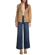 Democracy Petite Size Ribbed Shawl Collar Long Sleeve Button-Front Floral Embroidery Cardigan