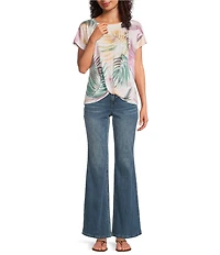 Democracy Petite Size Tropical Palm Print Scoop Neck Short Sleeve Twist Front Hem Knit Top